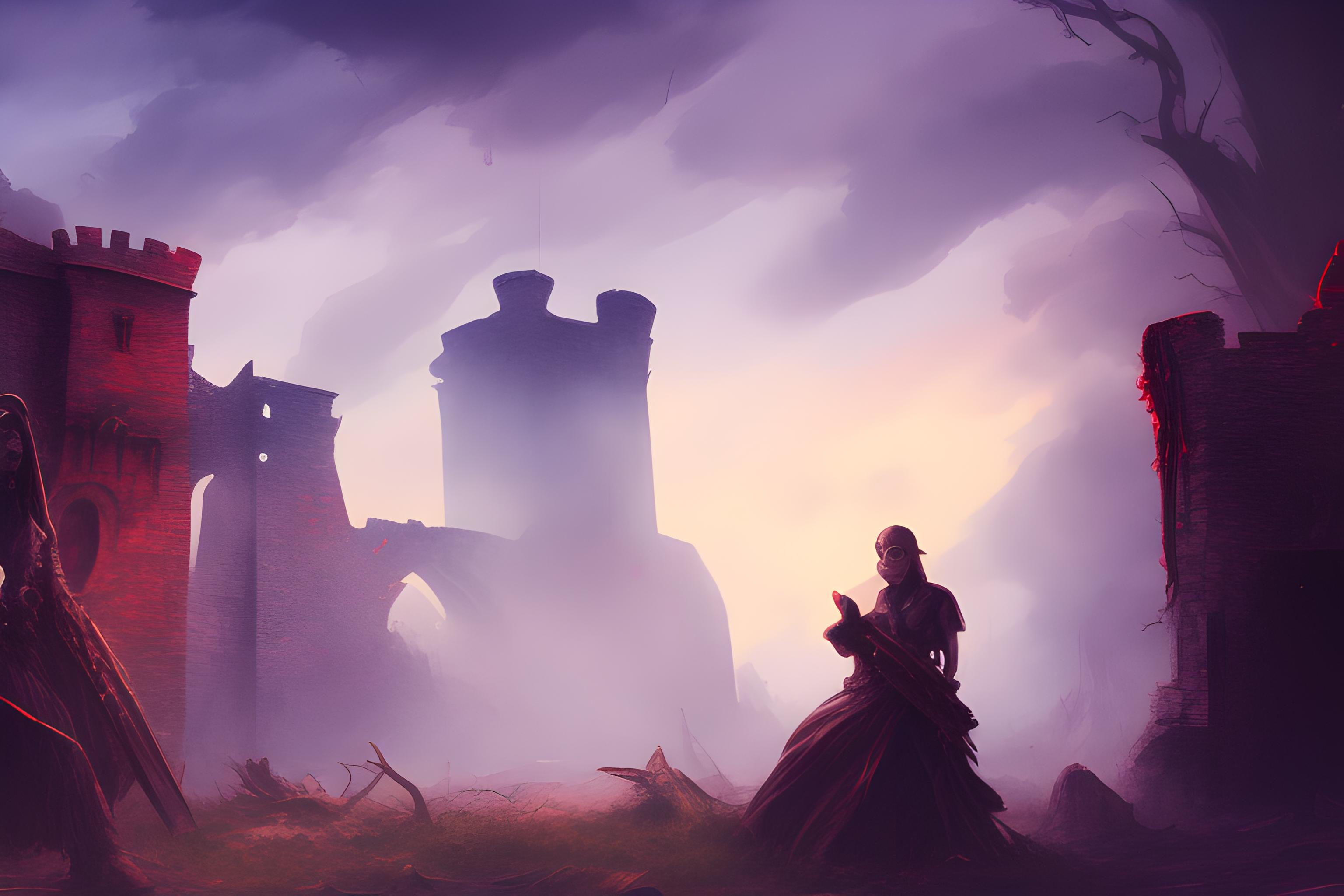Skulls, blood and shadows hunting in the dark, a ruined castle in the background